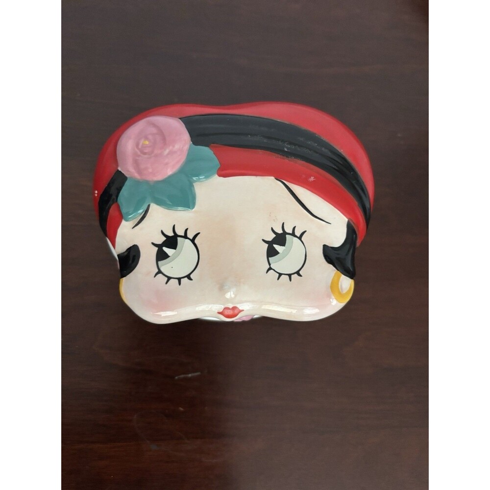 Vintage Betty Boop glass trinket, jewelry box White with Red collect or gift 2x4